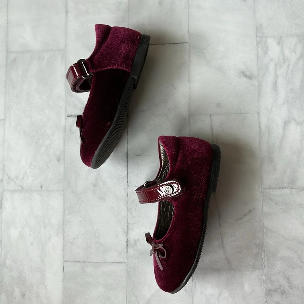 Naturino Burgundy Velvet Mary Jane Flats with Bows